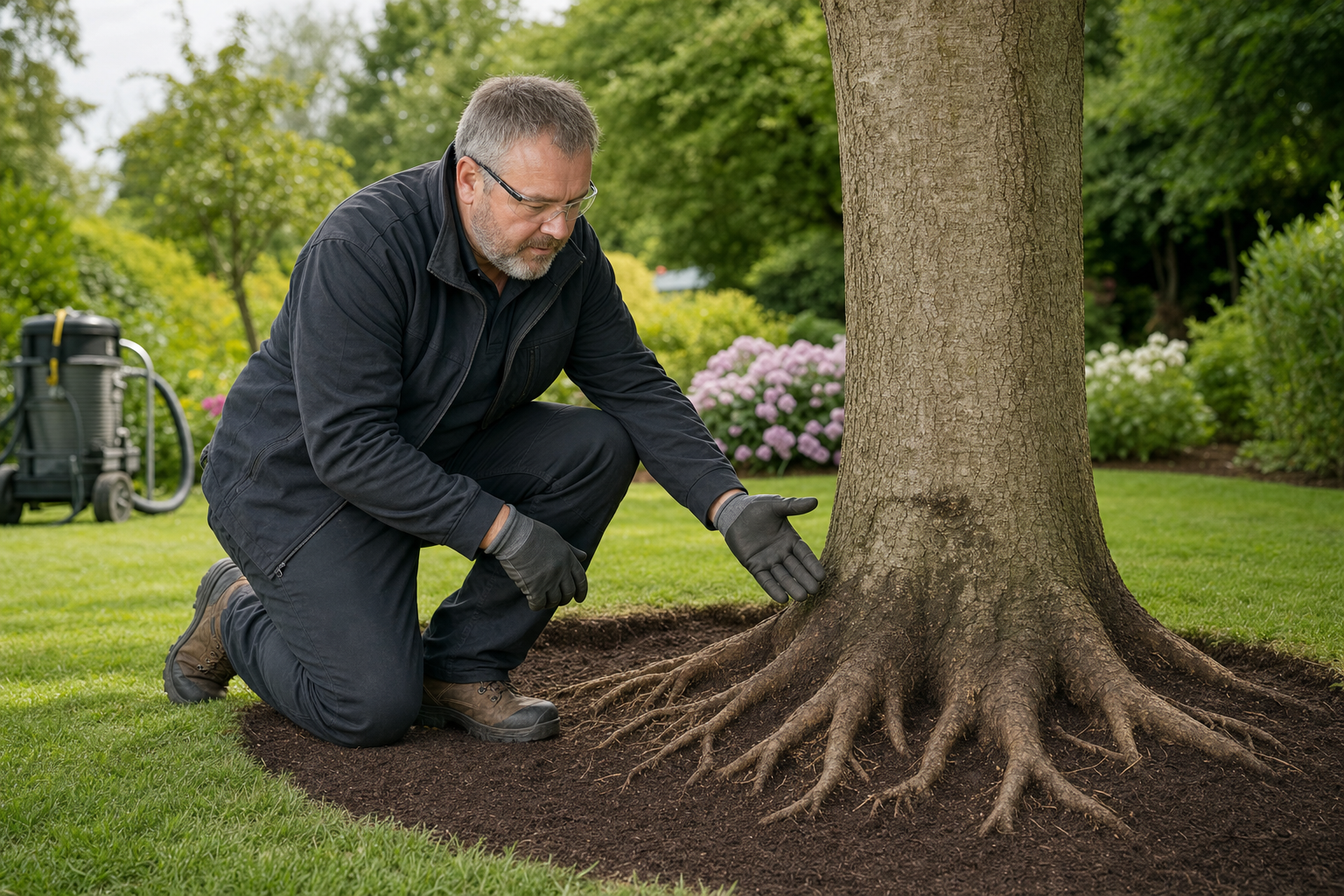 Gardener inspecting tree roots in a well-maintained garden with a vacuum blower in the background.