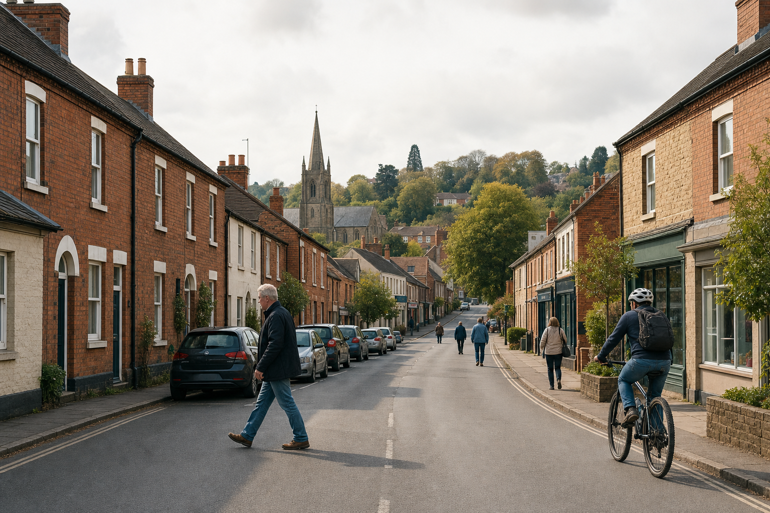 A man walks down a quaint village street lined with brick houses and a cyclist rides past, with a church spire in the distance.
