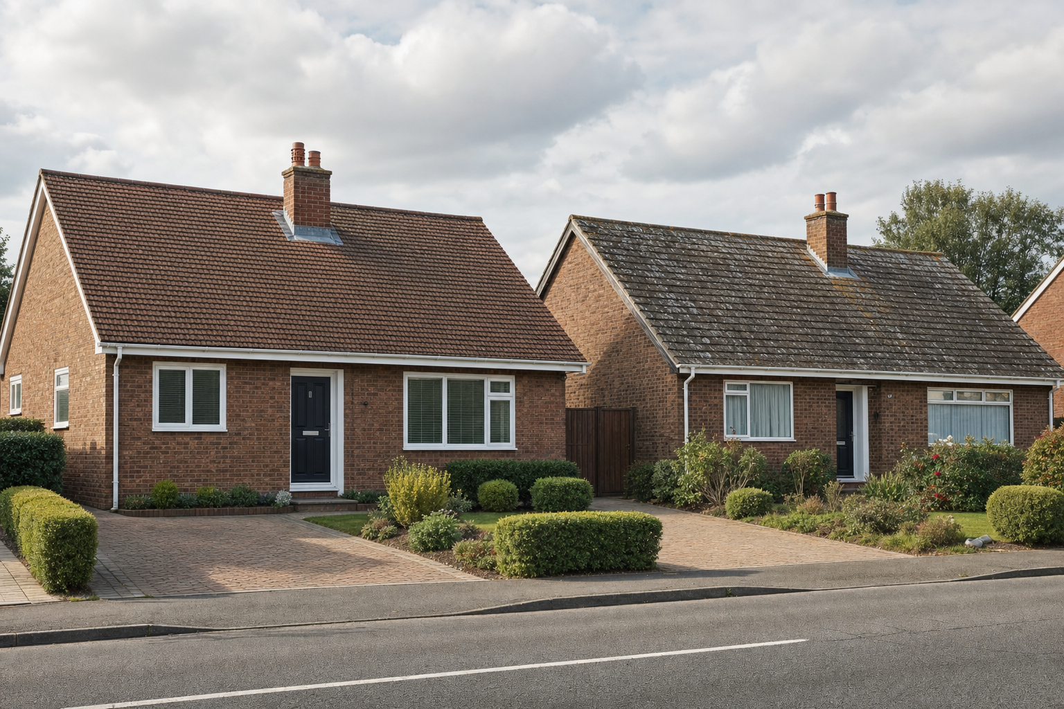 Two adjacent brick bungalows with well-kept front gardens on a suburban street under a cloudy sky.