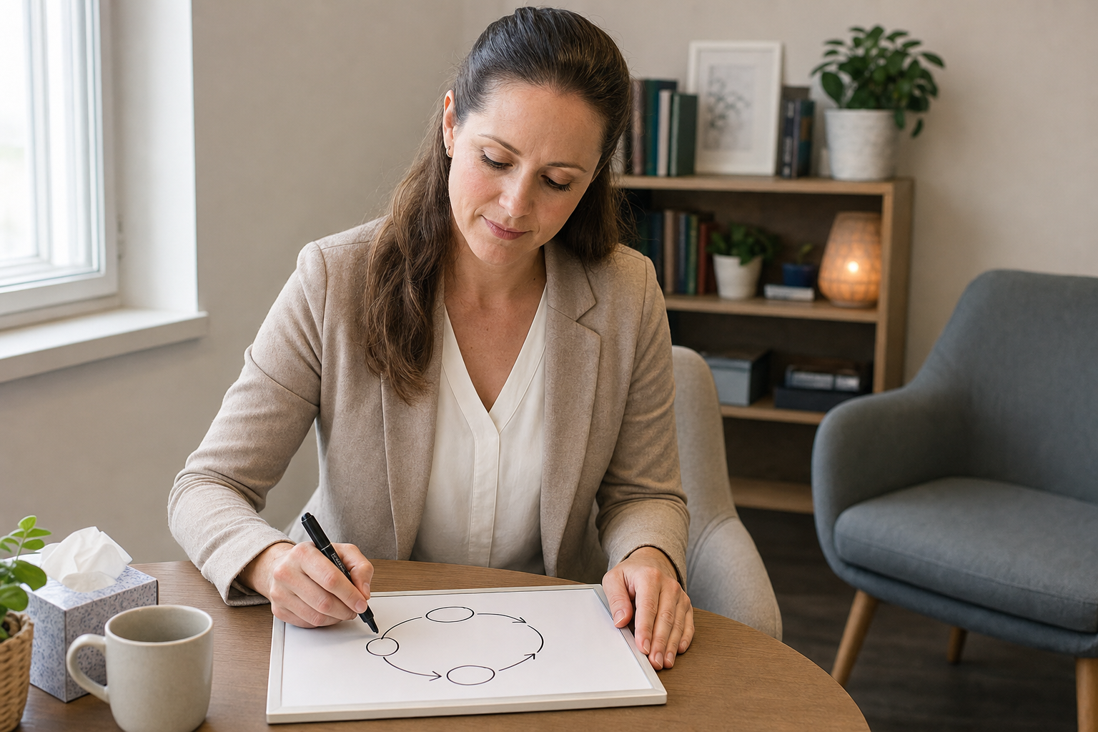 Woman drawing a flowchart on a clipboard at a desk in a cosy office setting.