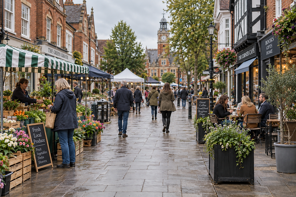 People shopping at a bustling outdoor market on a wet street lined with shops and a café, with a clock tower in the