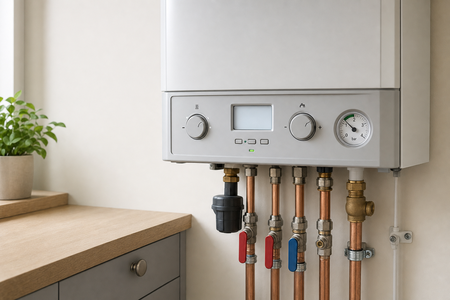 Wall-mounted boiler with copper pipes and control panel next to a wooden countertop with a potted plant.
