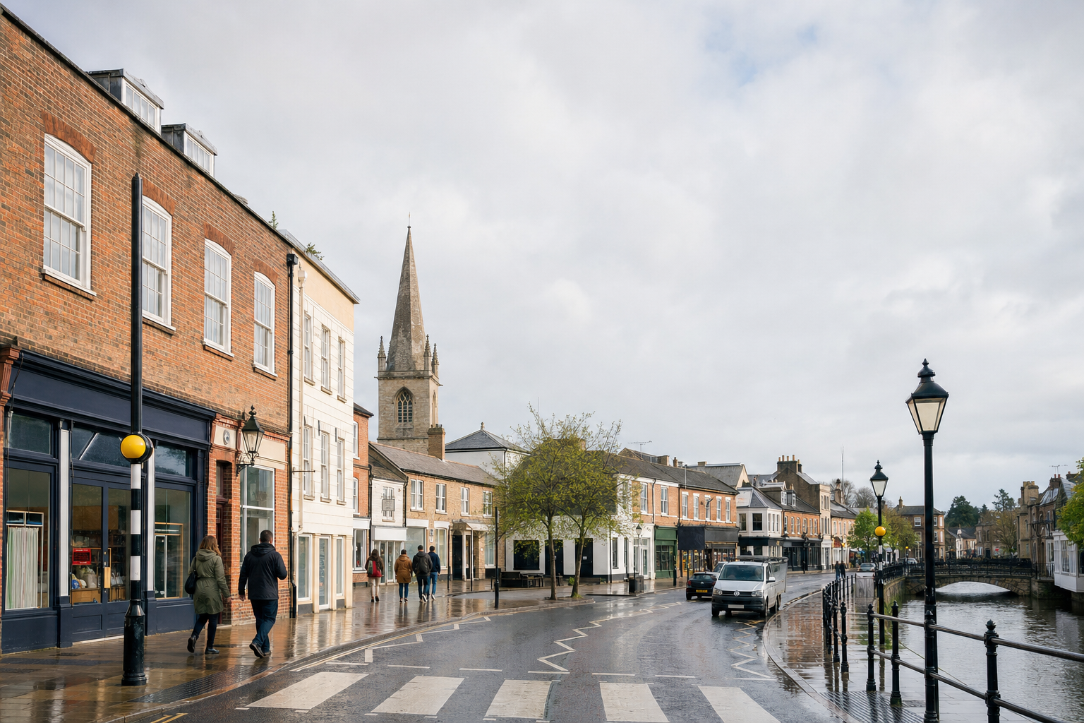 A rainy street scene with people walking along wet pavements, a spired church, and a canal in the background.