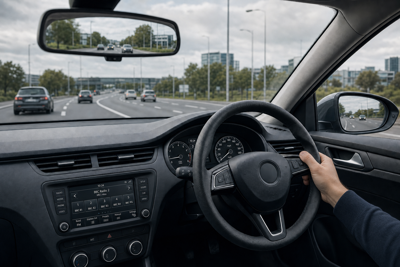 Driver's perspective from inside a moving car on a multi-lane road during daytime.