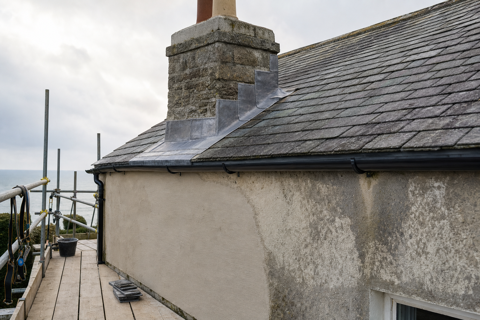 A weathered slate roof with a stone chimney sits above scaffolding beside the sea.