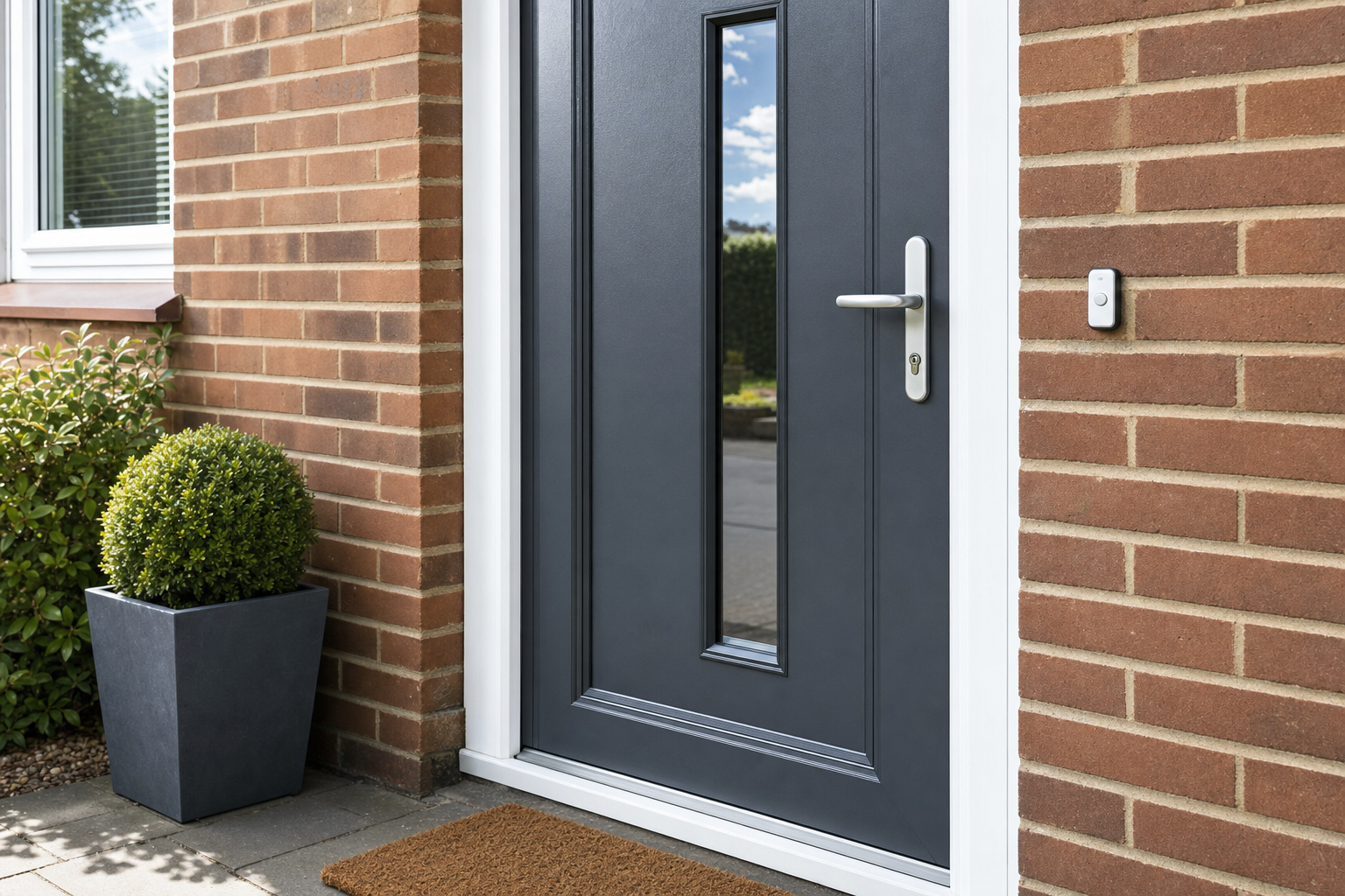 Modern grey front door with a sleek handle and a decorative window, next to a brick wall and a potted plant.