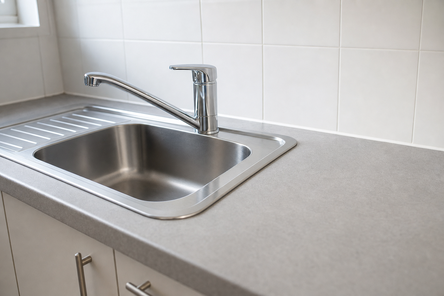 Stainless steel kitchen sink with a modern tap set in a grey countertop.