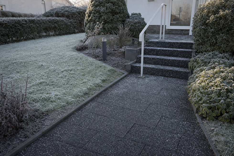 Frost-covered garden path leading to steps with white railings beside greenery and grass.