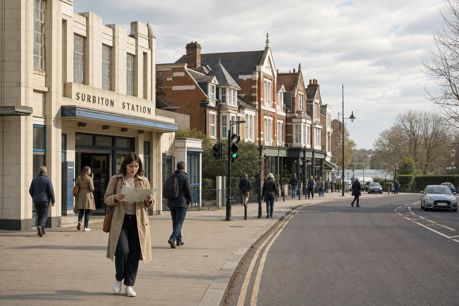 A woman with a map walks past Surbiton Station on a street lined with people and historic buildings.