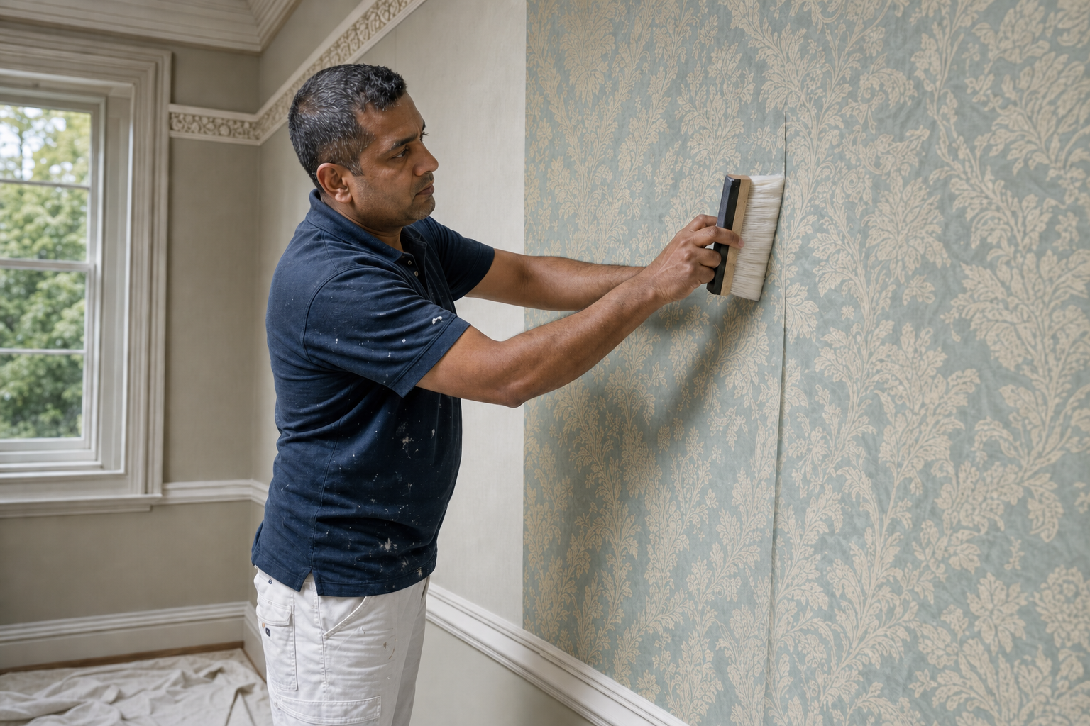 A man in a blue shirt and white trousers is smoothing wallpaper in a room with large windows.