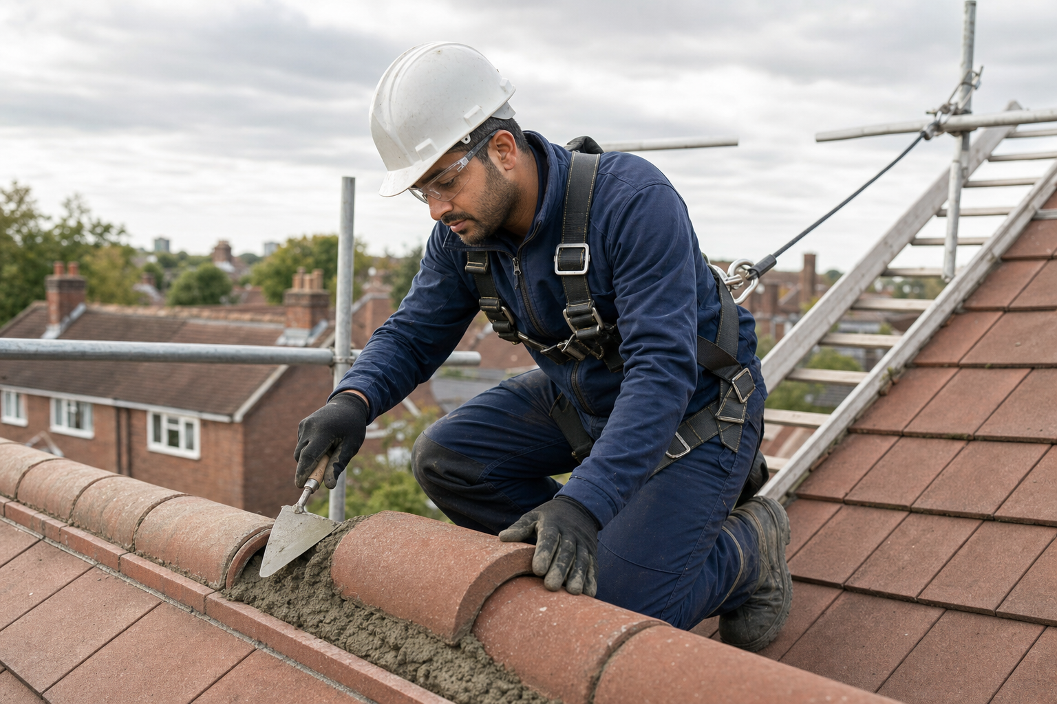 A worker wearing safety gear repairs a tiled roof using mortar, with houses visible in the background.