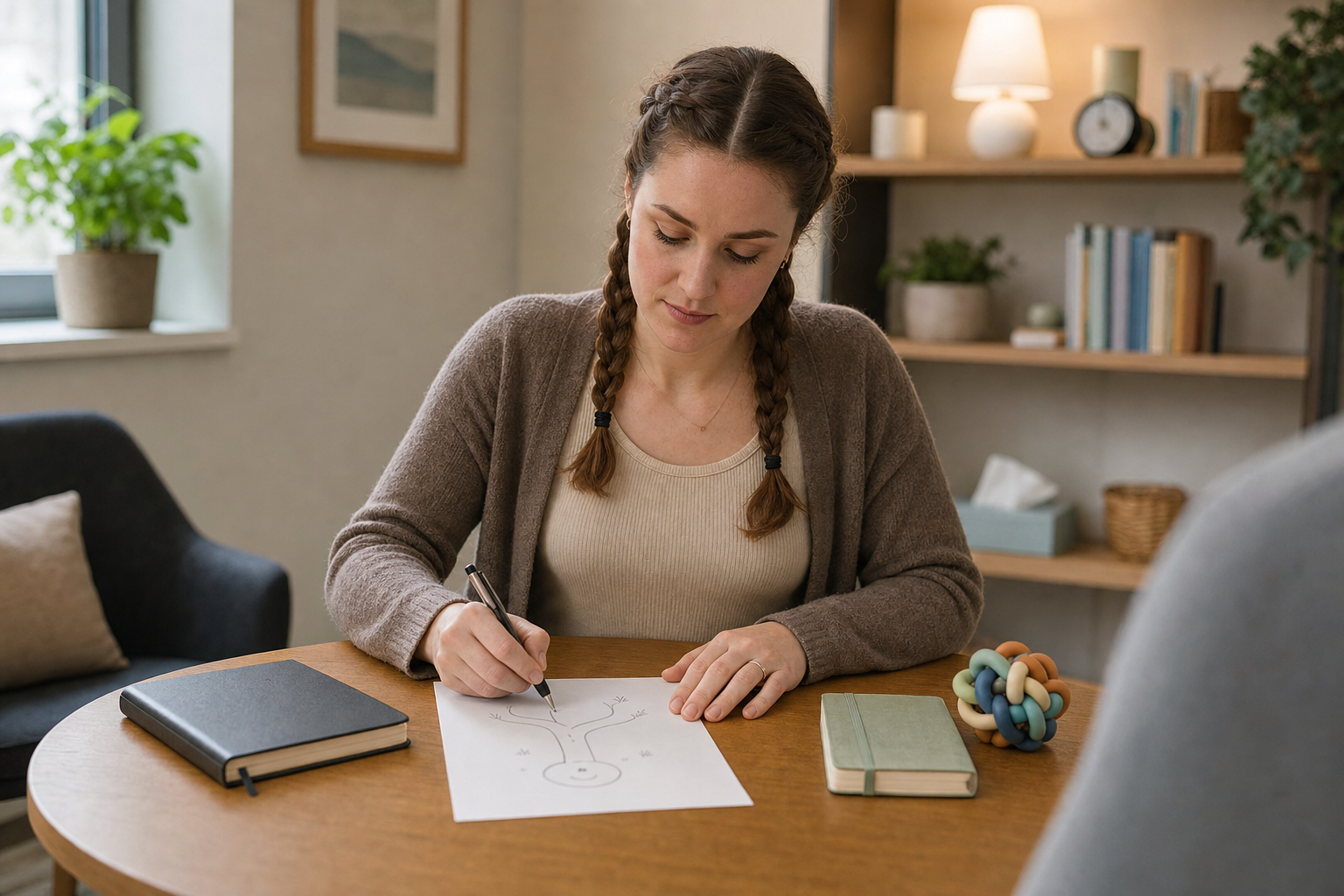 A woman with braided hair draws on paper at a desk, surrounded by books and a decorative knot.