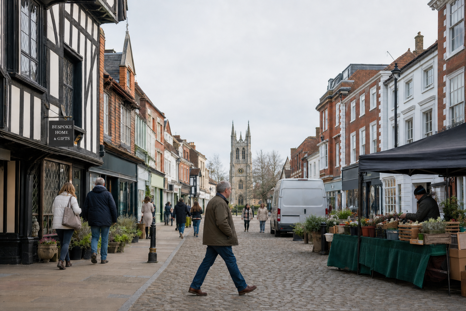 A cobbled street with historic buildings, a market stall, and a church tower in the distance, bustling with pedestrians.