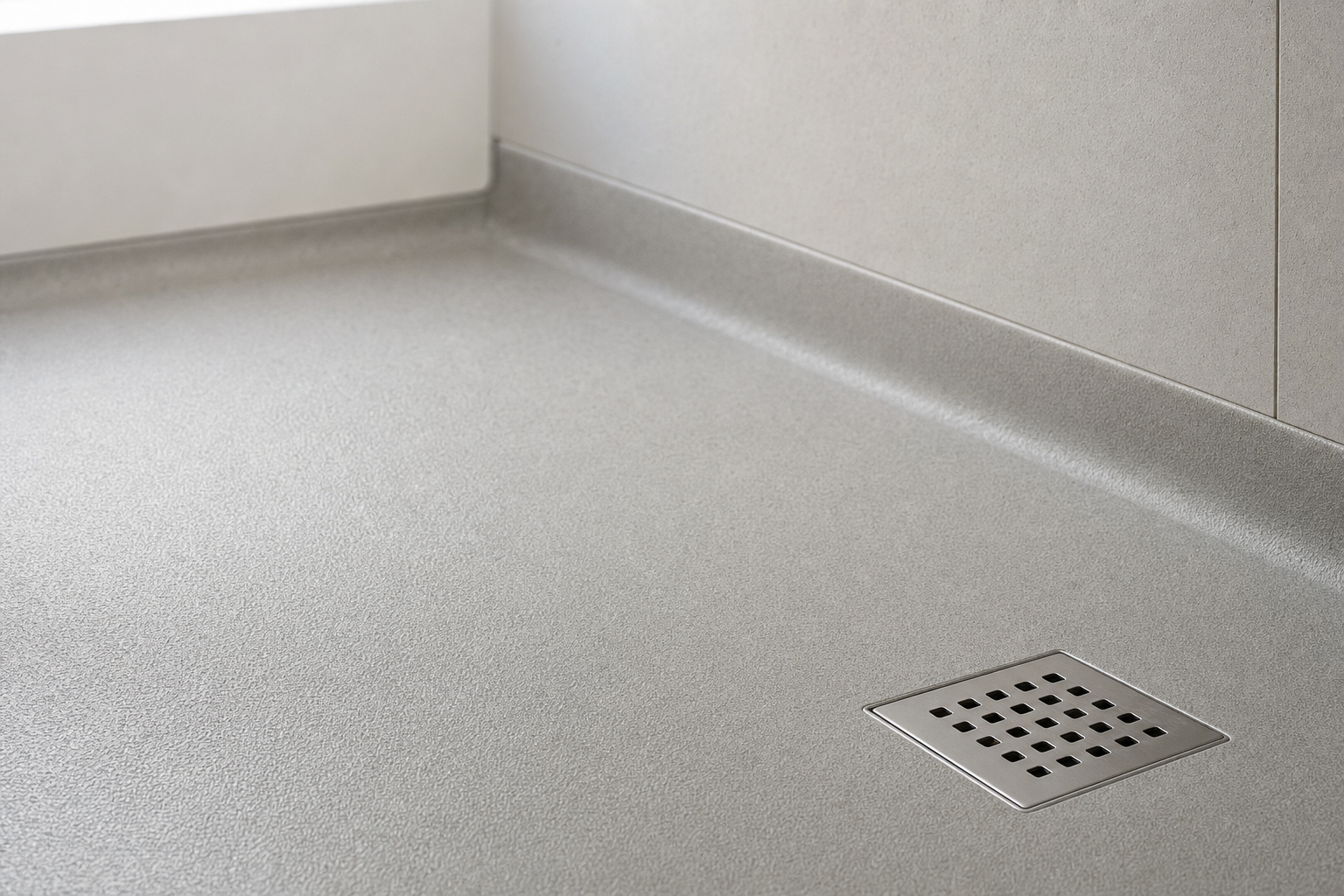 A minimalist grey shower floor with a metal square drain in the corner.