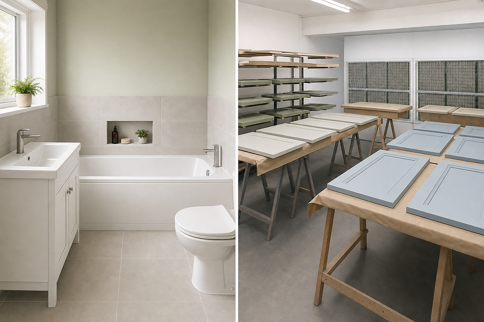 Modern bathroom interior alongside a workshop with cabinet doors in different stages of painting.