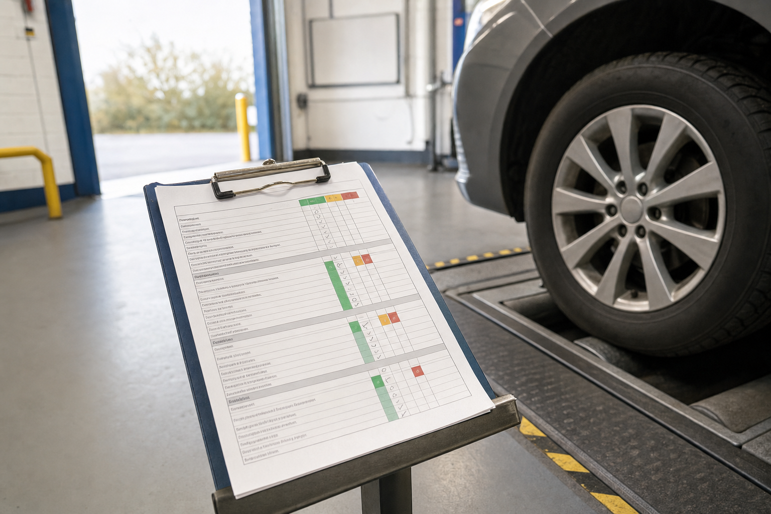 A checklist on a clipboard is displayed in a garage next to a car on a vehicle inspection ramp.