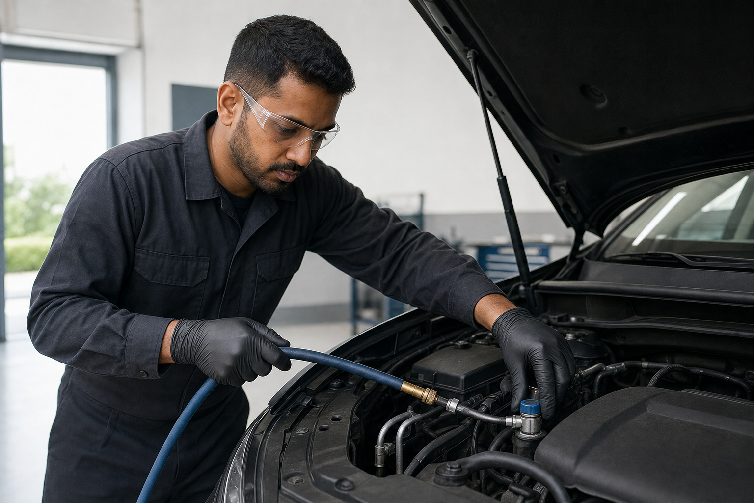 Mechanic wearing safety glasses and gloves performing maintenance on a car engine.