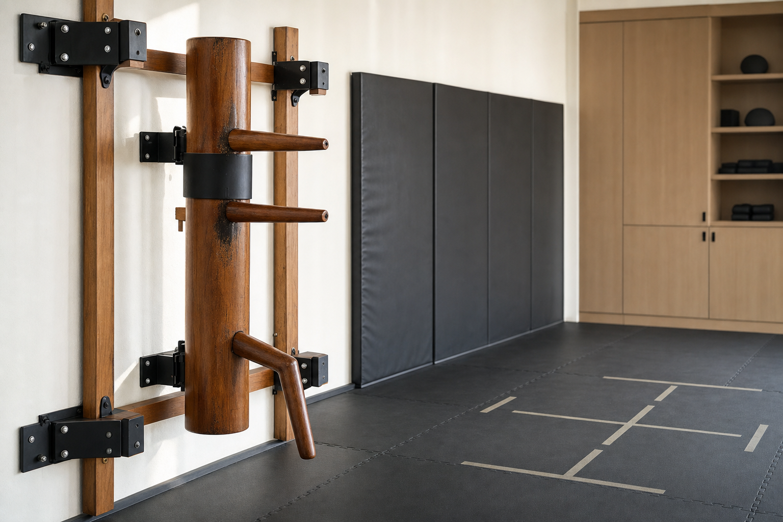 A wooden Wing Chun dummy mounted on a wall in a martial arts training room with padded floors and storage cabinets.