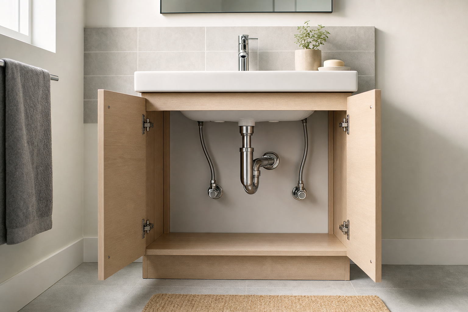 Open bathroom cabinet under a sink revealing plumbing pipes.