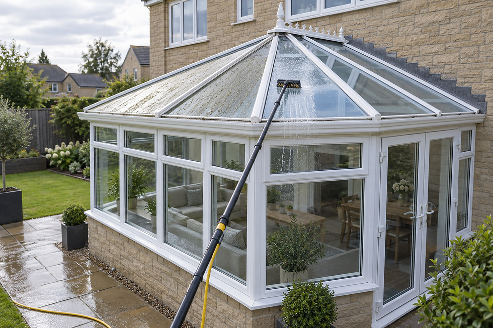 A conservatory roof being cleaned with a long-handled brush on a sunny day.