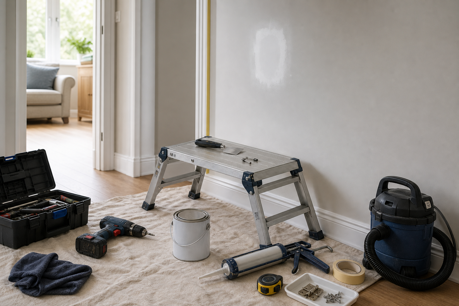 Home renovation tools and equipment on a carpet in a room with a patched wall.