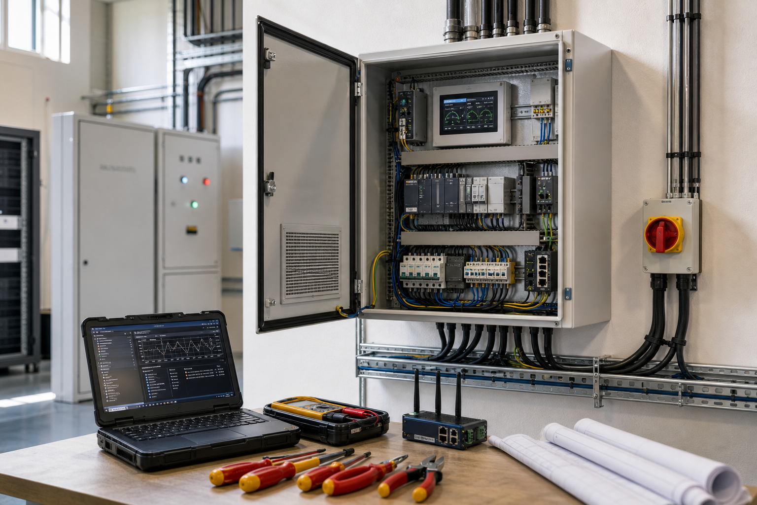 Open industrial electrical panel with tools and laptop displaying data on a nearby table.