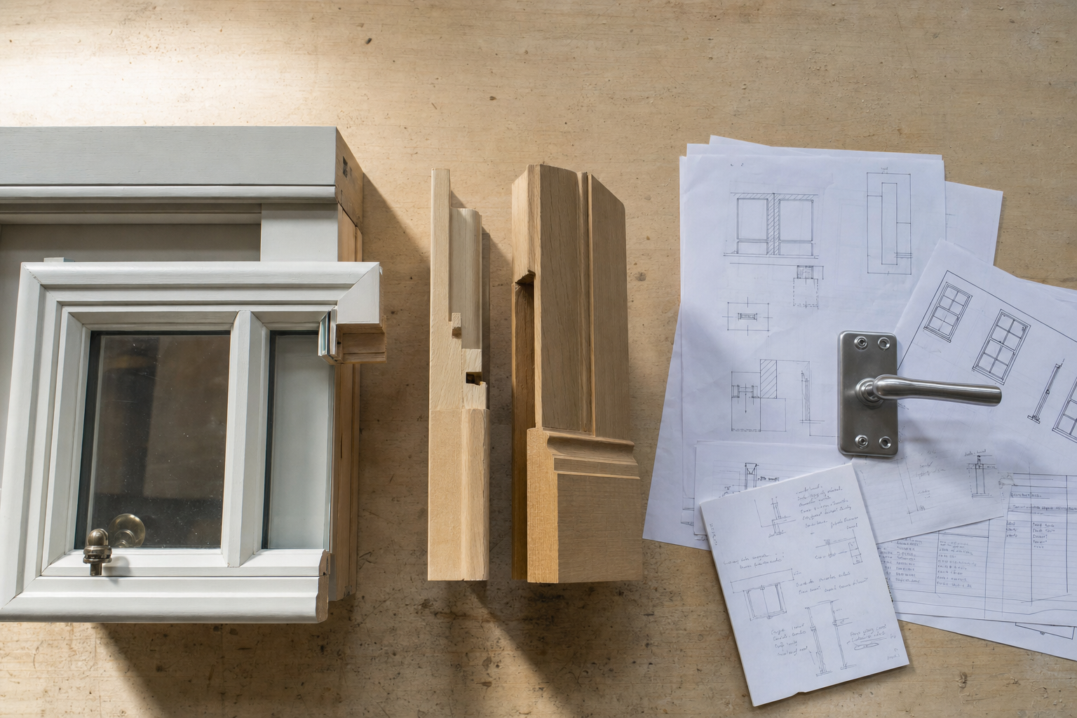 Window frame components with architectural drawings and a silver door handle on a wooden table.