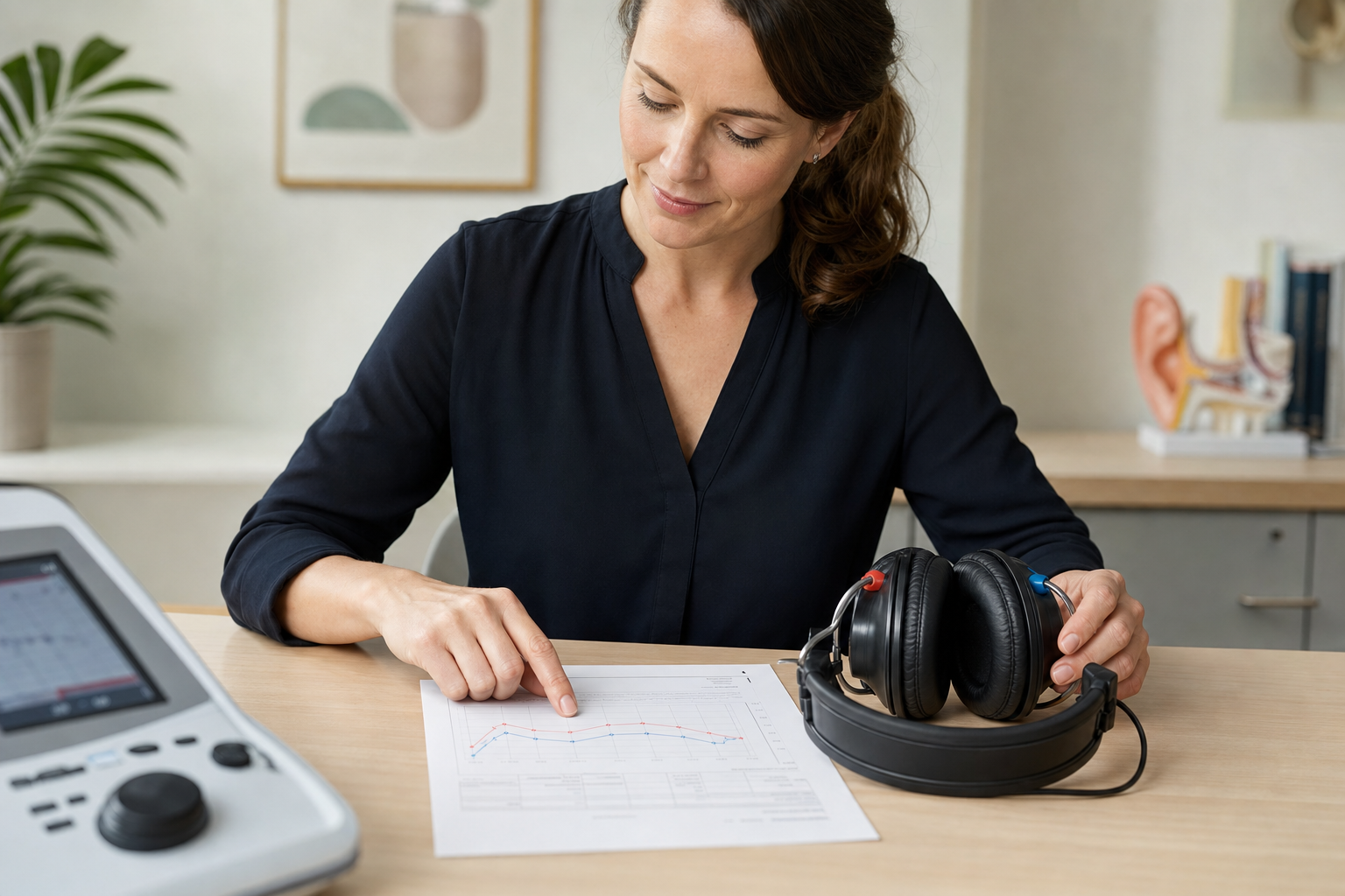 A woman reviews audiogram results at a desk with headphones and a hearing test device.