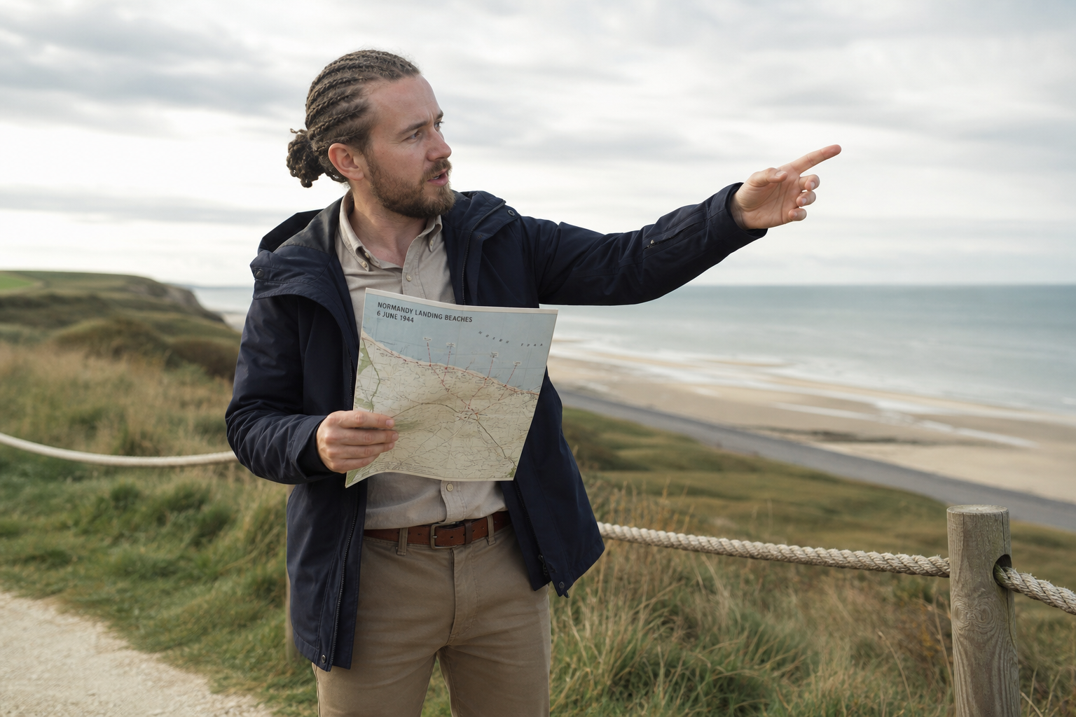 A man with braids holds a map of Normandy Landing Beaches, pointing towards the sea from a grassy cliffside path.