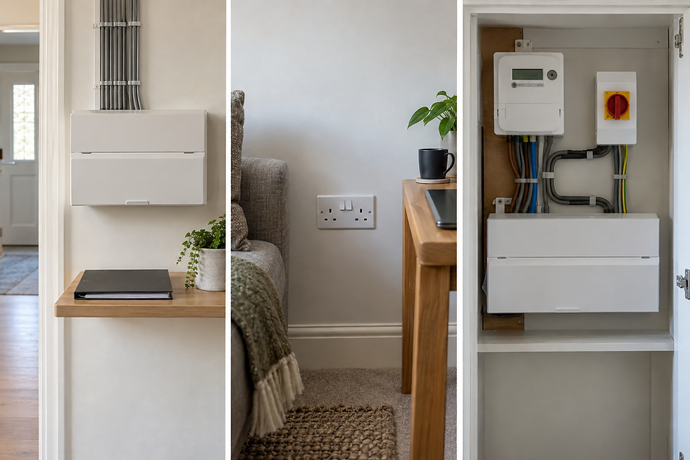 Three-part image showing electrical boxes, a wall socket, and a tidy interior with plants and a coffee mug on a wooden table.