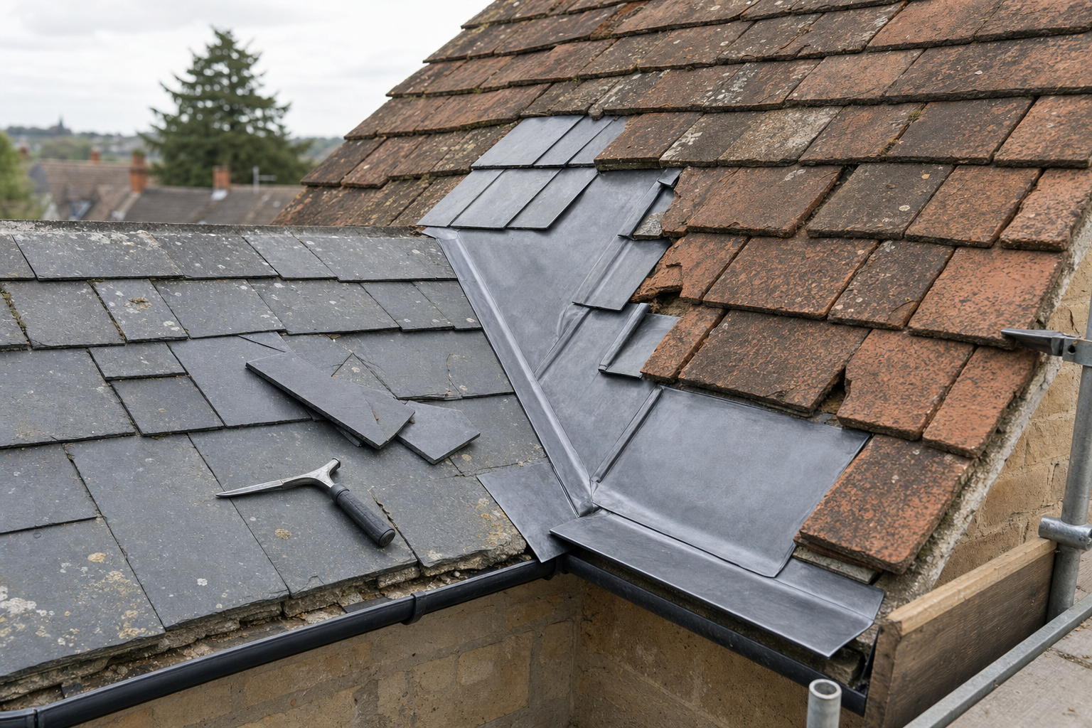 A roof valley under repair with slate tiles, lead flashing, and a roofing tool on the left side near a terracotta tiled roof.