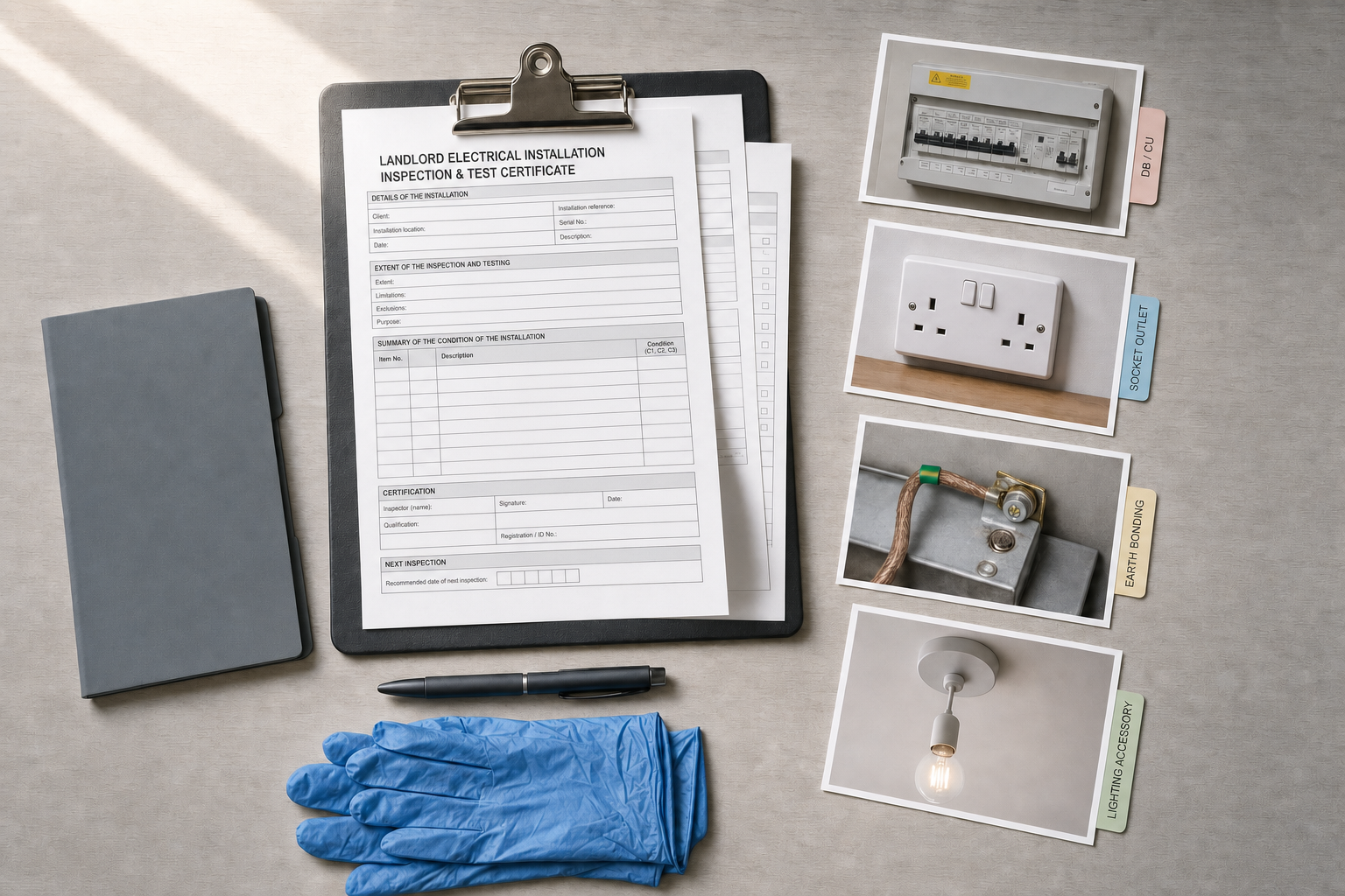 Landlord electrical installation certificate on a clipboard next to inspection photographs, a notebook, pen, and gloves.