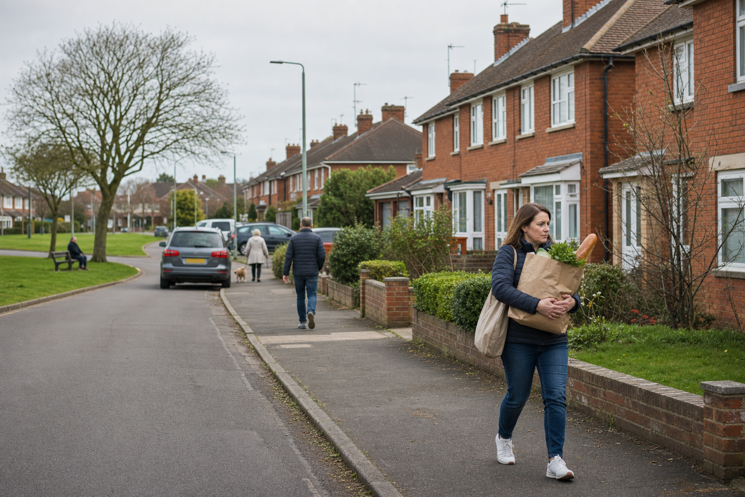 Woman carrying a paper bag of groceries walks along a suburban street lined with red brick houses.
