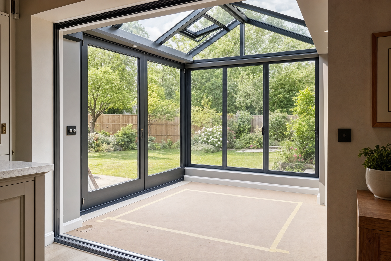 A bright conservatory with large glass doors opens up to a lush garden with a wooden fence and colourful flowers.