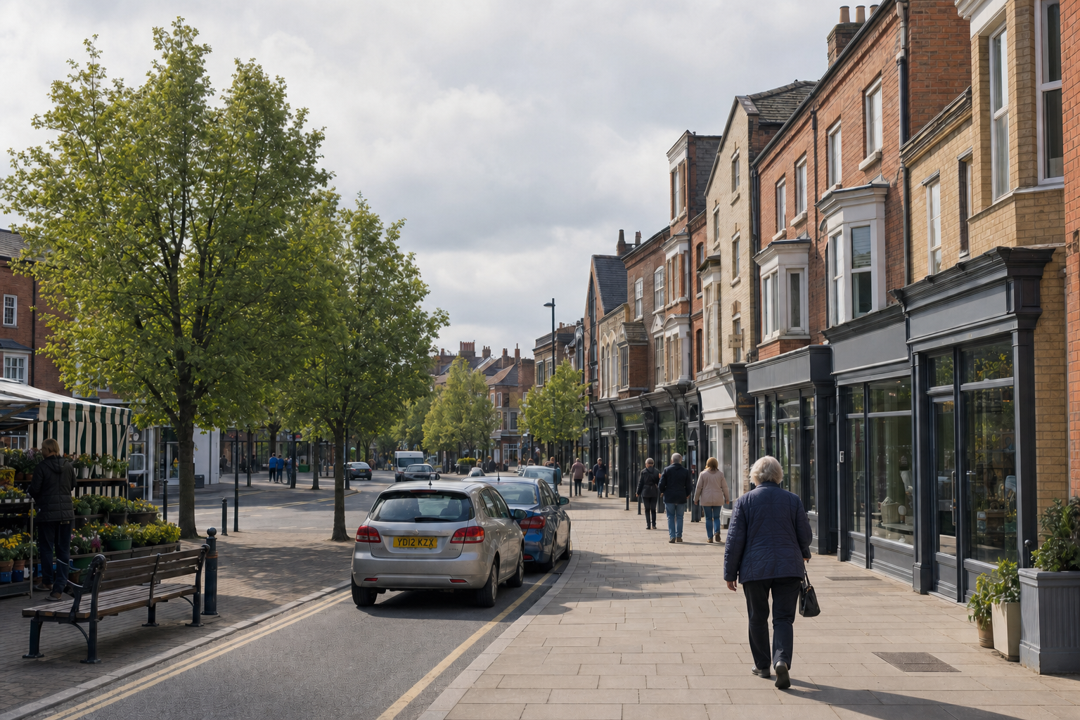 A bustling town street with people walking, parked cars, and a market stall beneath leafy green trees.