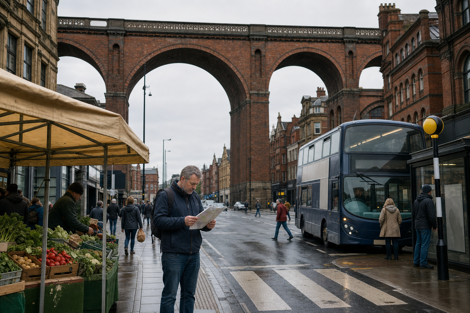 Man reading a map on a city street near a fruit and veg stall, with a double-decker bus and brick viaduct in the background.