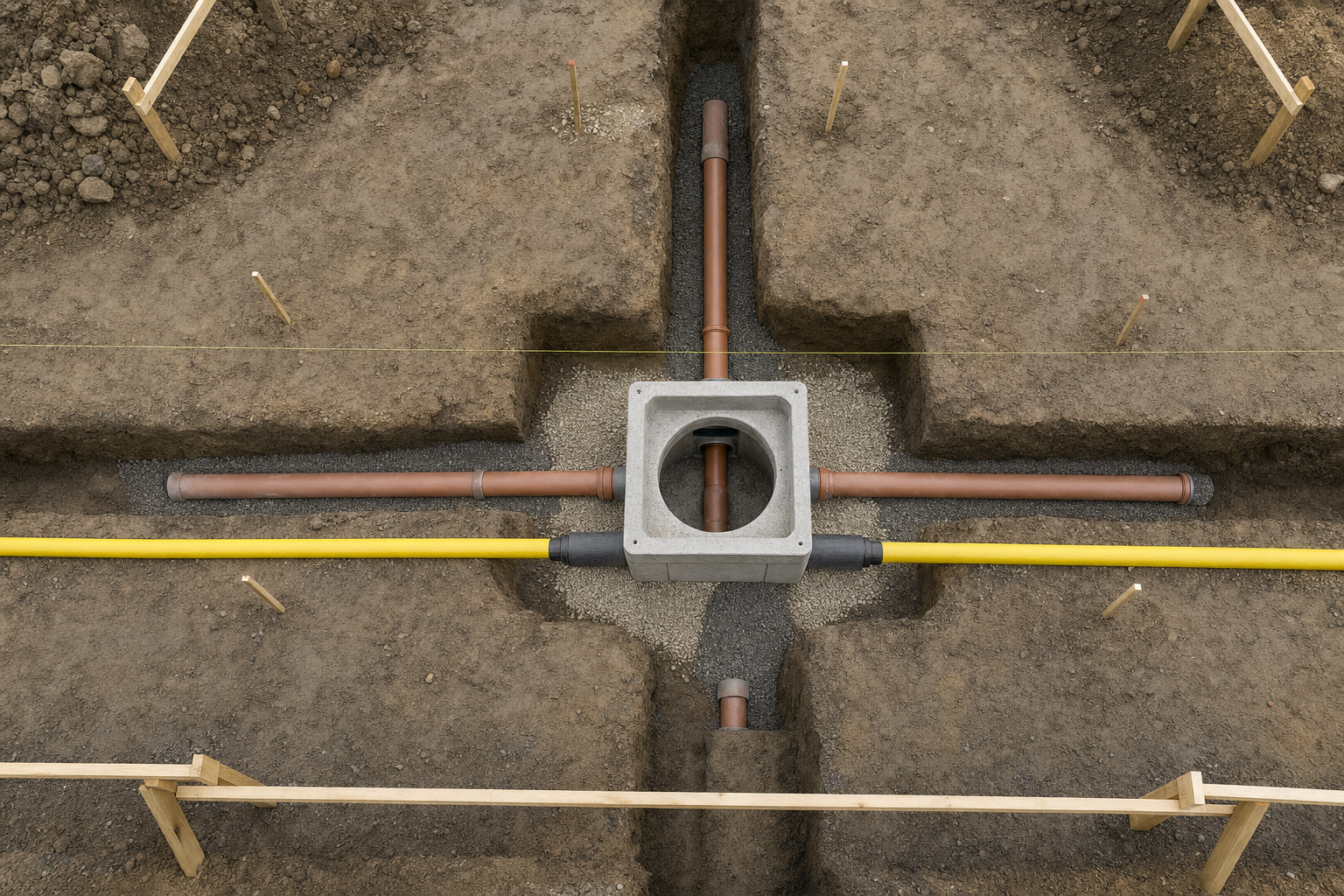 Aerial view of an underground trench with intersecting pipes and a concrete junction box in the centre.