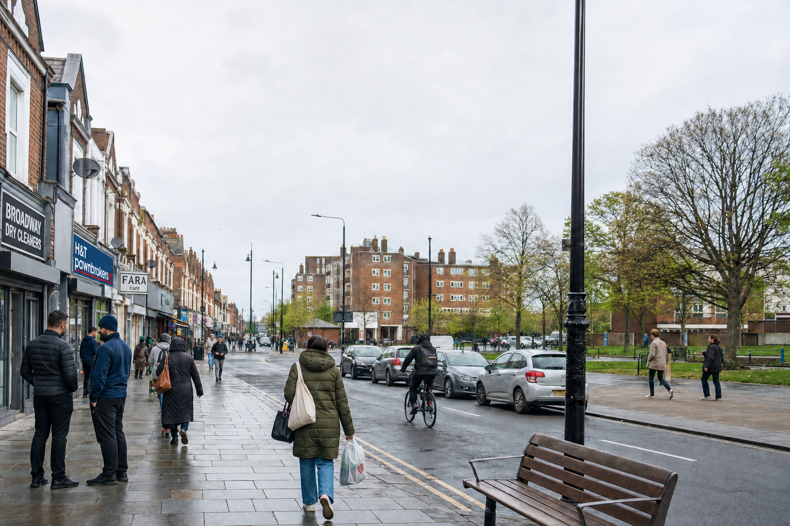 People walking on a wet city street lined with shops and parked cars, with trees and buildings in the background.