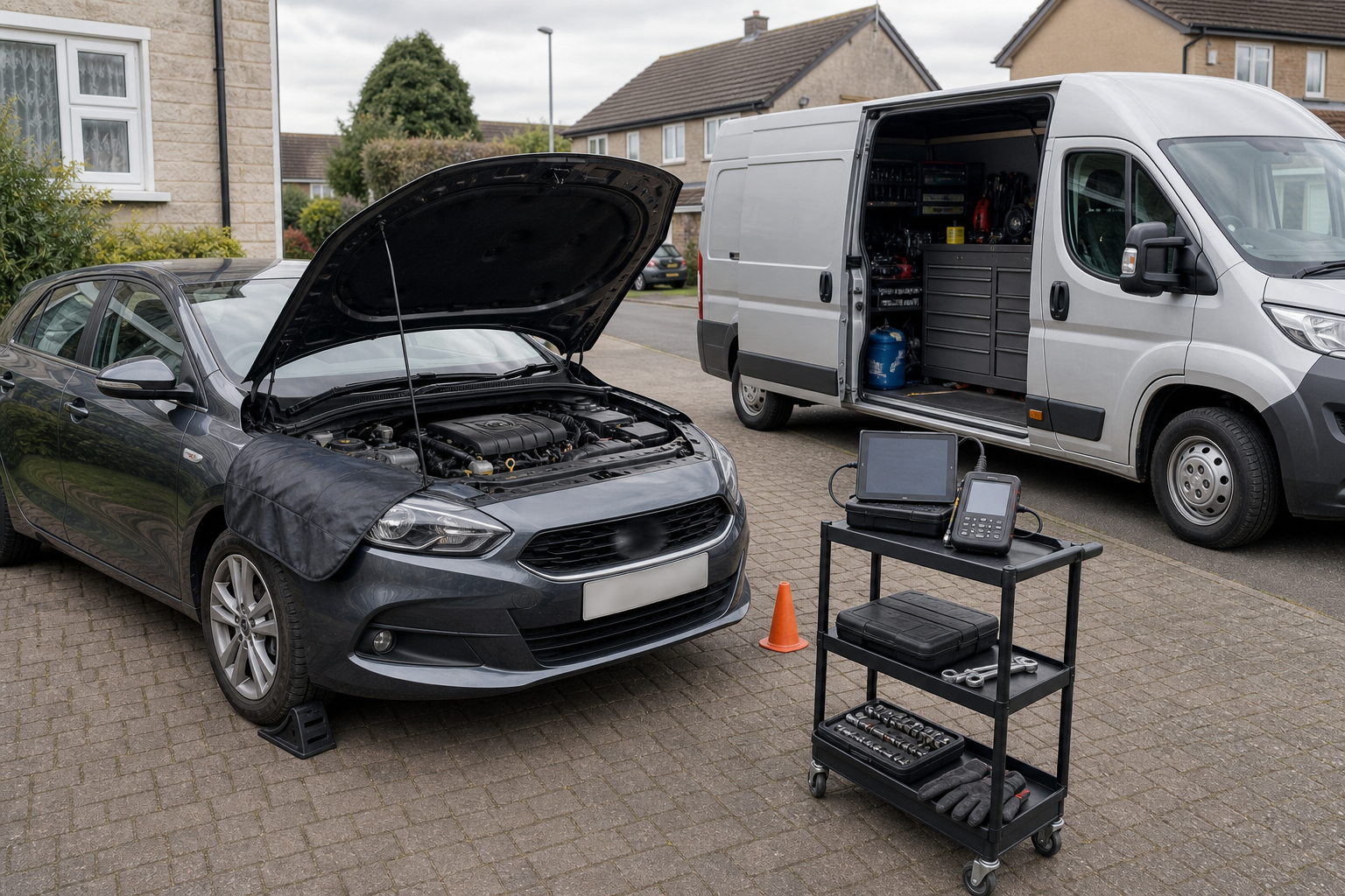A car undergoing roadside maintenance beside a service van equipped with tools and diagnostic equipment.