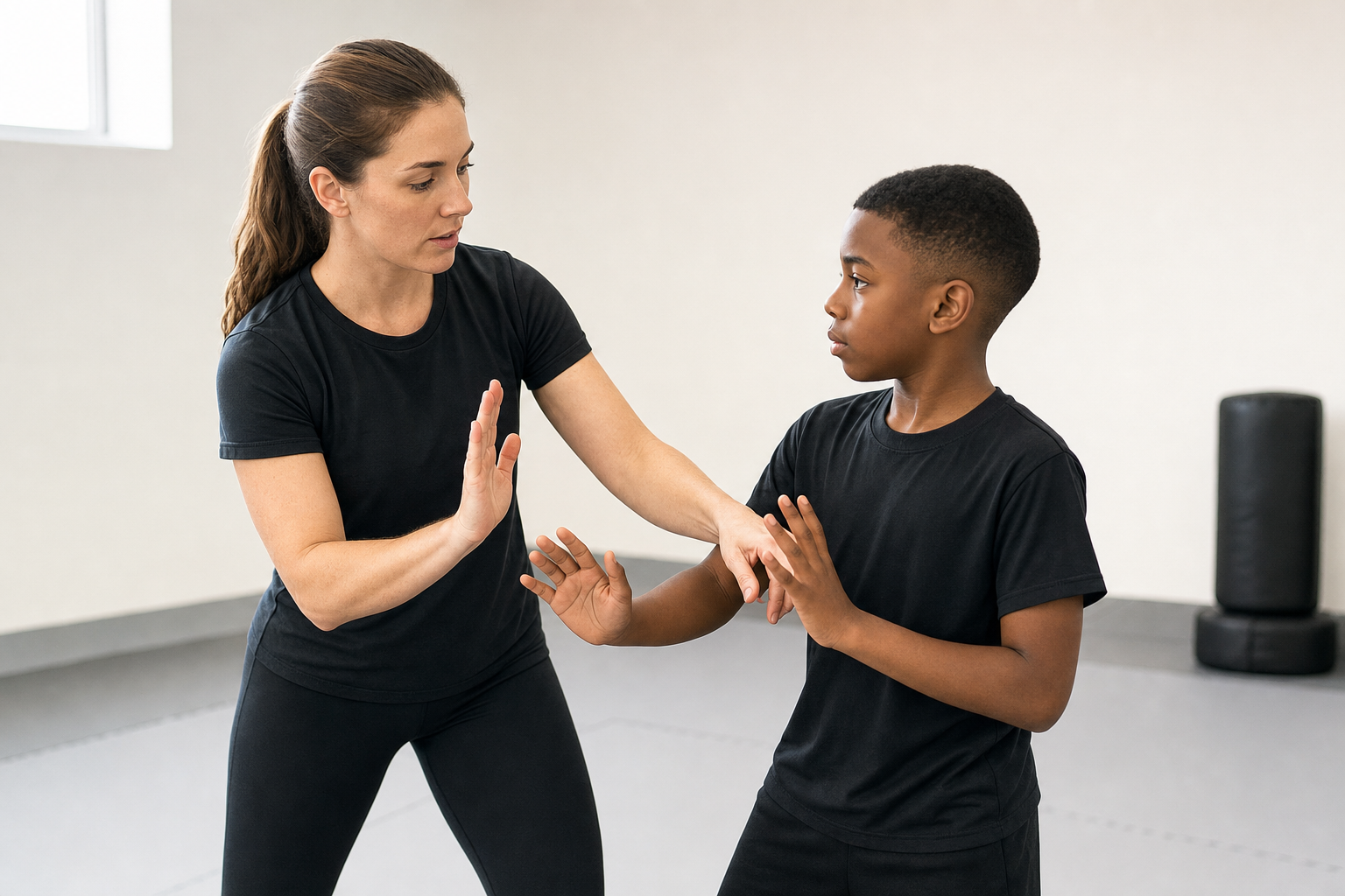 A woman instructs a young boy in martial arts, both wearing black attire in a training room.