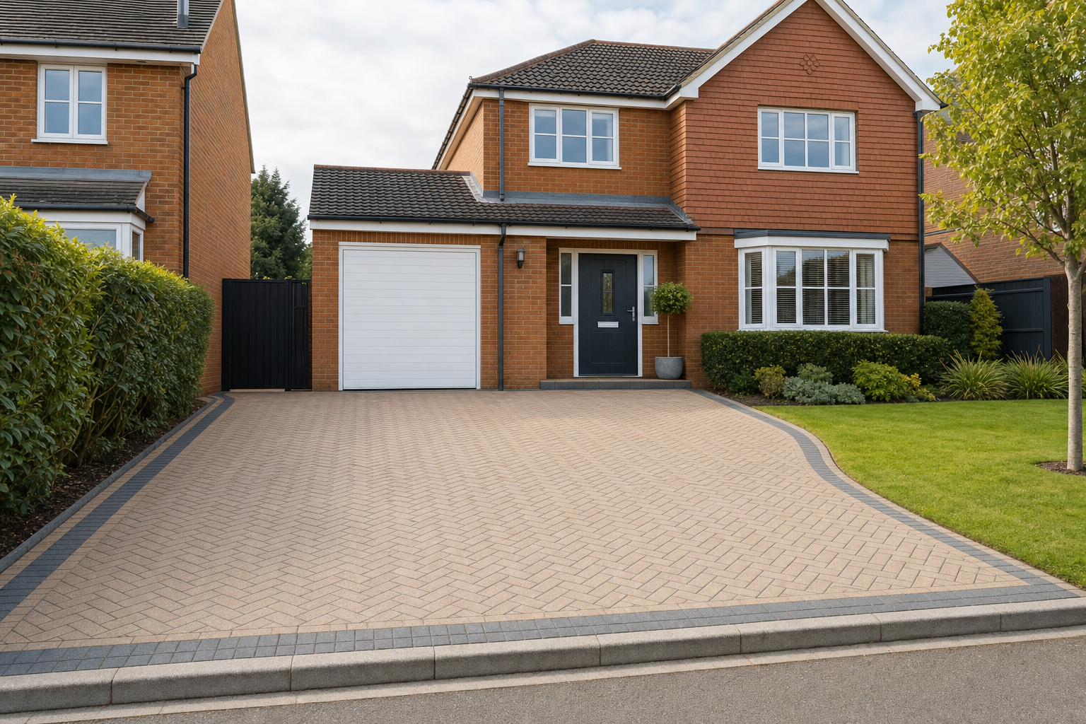 A brick-built detached house with a dark front door and adjacent single garage, featuring a neat driveway and garden.