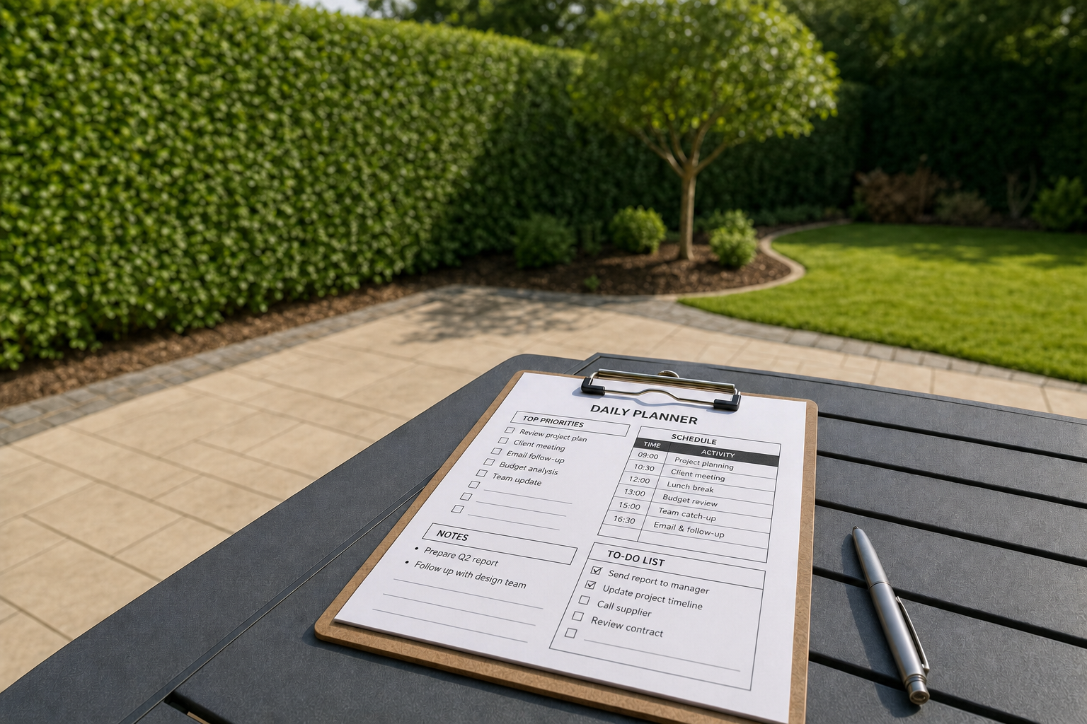 Daily planner and pen on a patio table with a garden in the background.