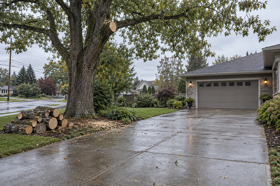 A large tree with freshly cut limbs stands next to a wet driveway leading to a closed garage.