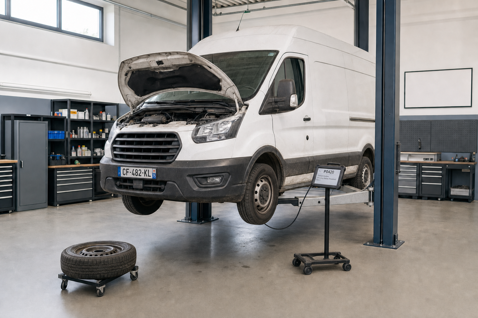 White van with an open bonnet lifted on a car hoist in a garage workshop, with a spare tyre on the floor nearby.