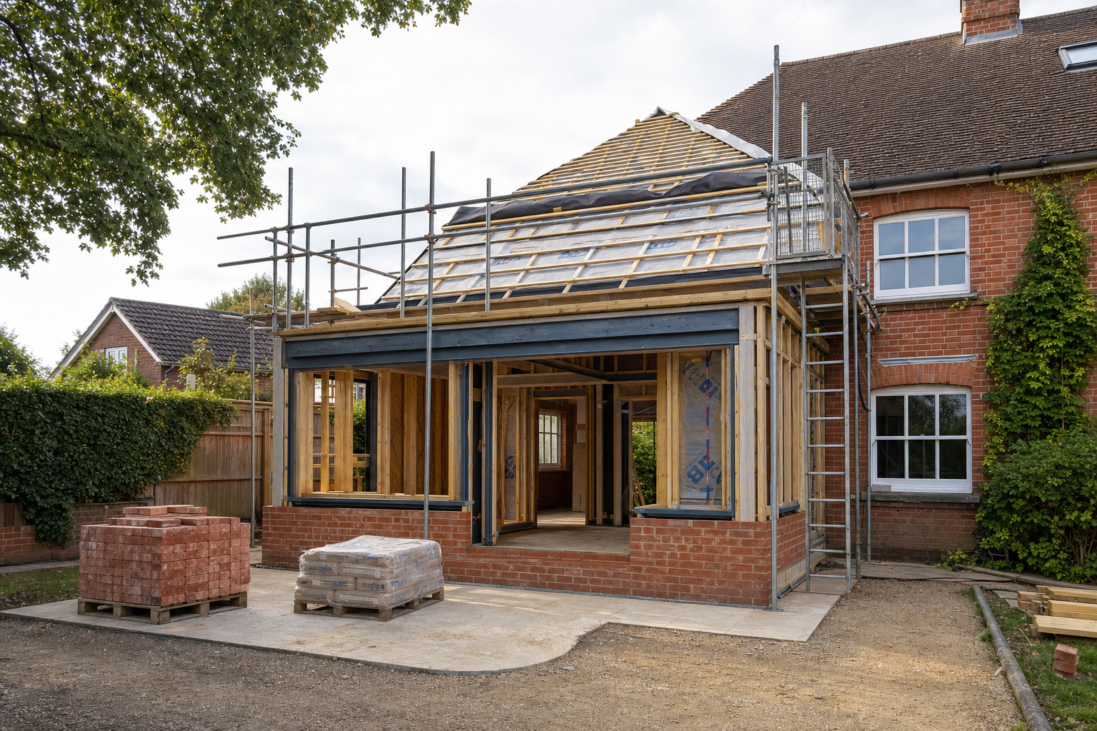 House extension under construction with scaffolding and building materials in the garden.