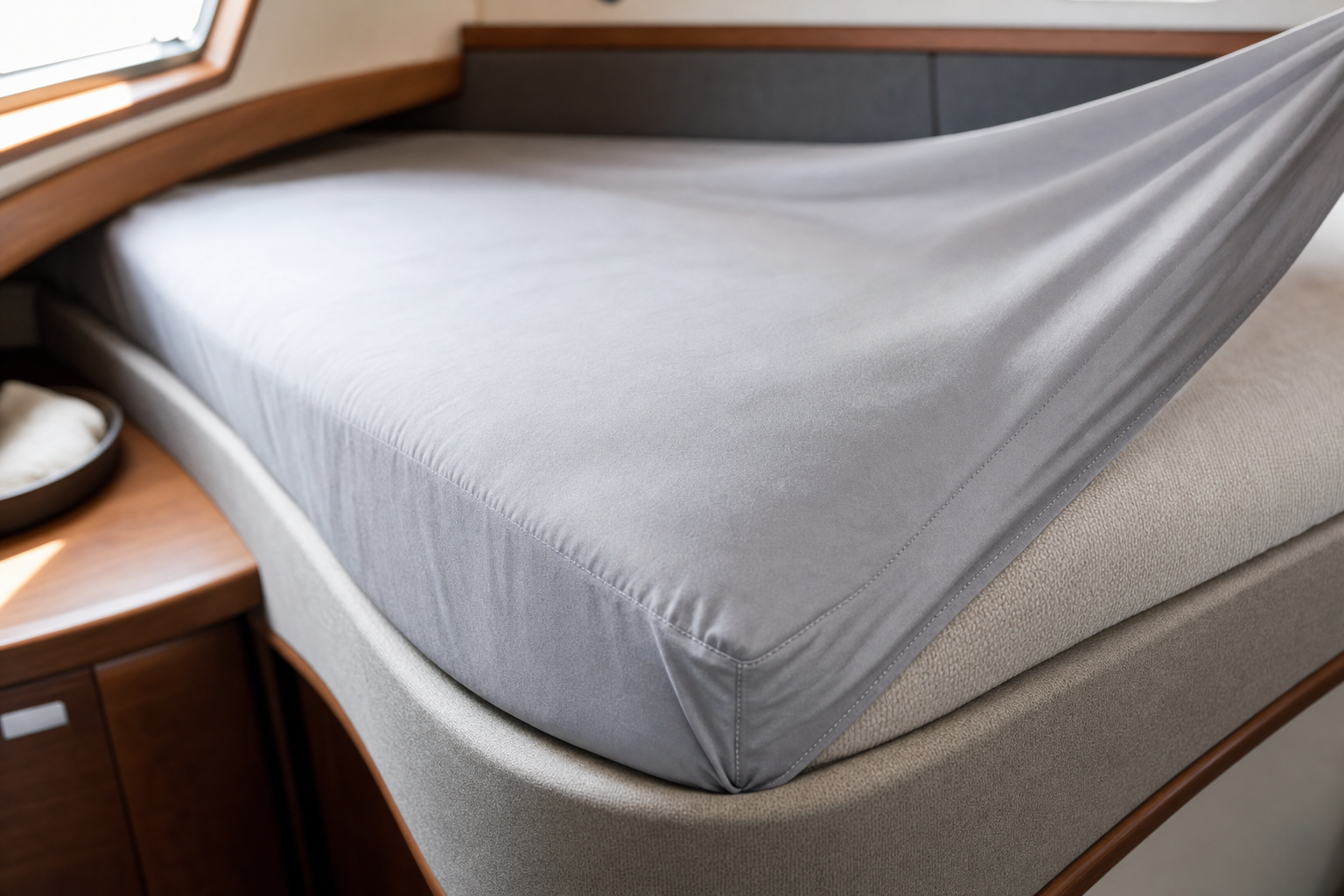 A fitted sheet being placed on a neatly made bed in a boat cabin with wooden accents and a small window.