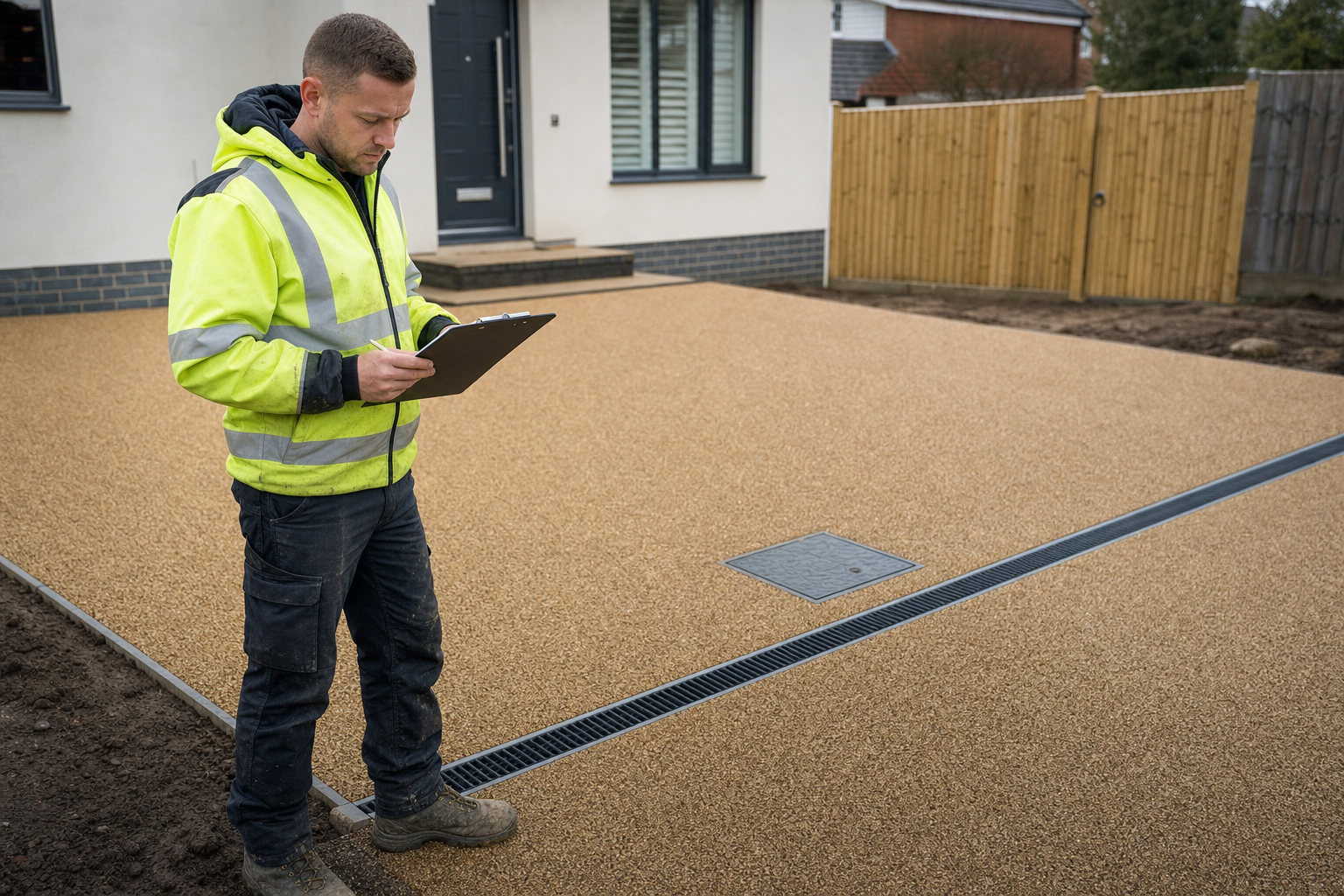 Construction worker in a high-visibility jacket inspects a newly paved driveway outside a house.