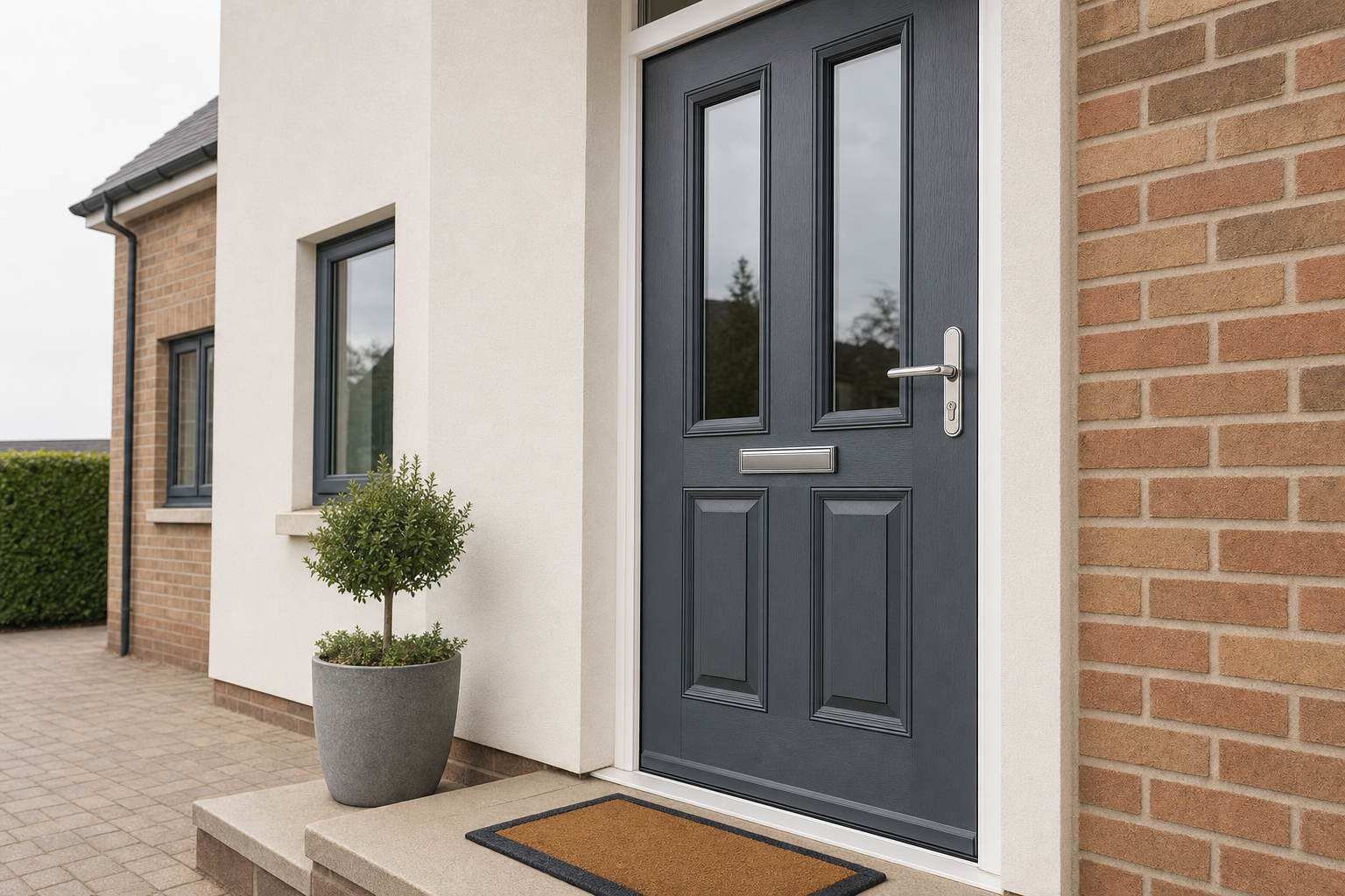 Grey front door with glass panels in a brick house, a potted shrub, and a doormat on the doorstep.
