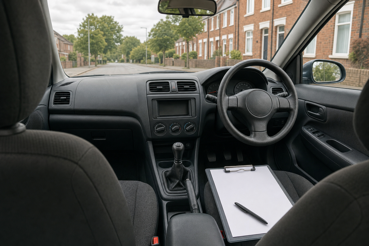 Inside view of a parked car with a manual gearbox and a clipboard with a pen on the passenger seat.