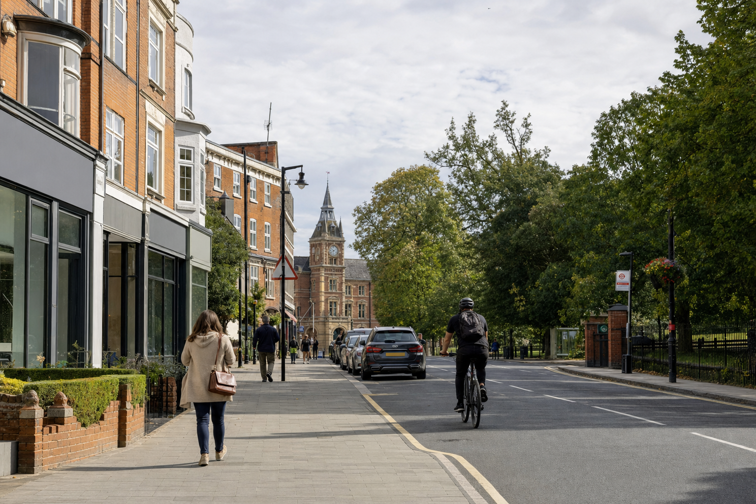 Street scene with pedestrians, a cyclist, and cars, featuring red-brick buildings and a clock tower in the background.